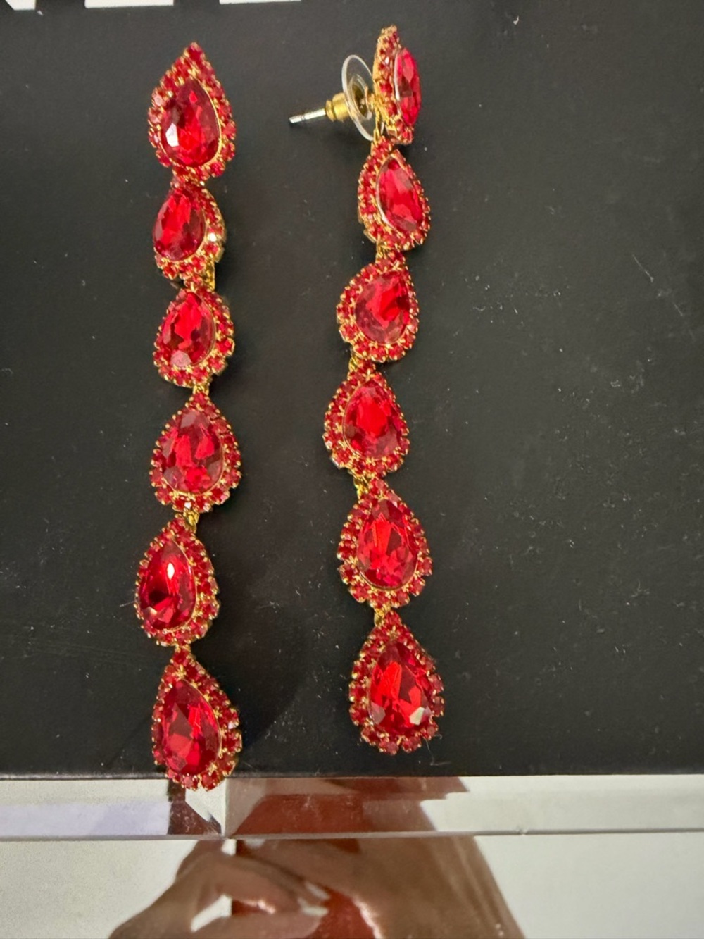 Elegant Red Teardrop Crystal Drop Earrings - Gold Trim